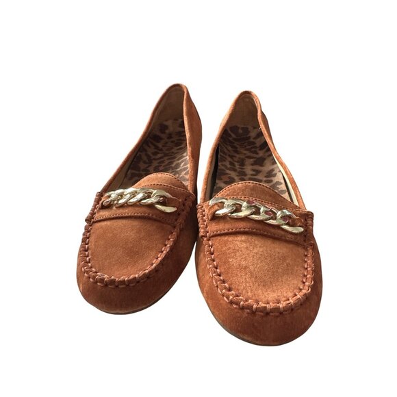 Vionic Mesa Tan Suede Moccasins Gold Chain Detail Leopard Print Insole Size 9.5 - Picture 4 of 7